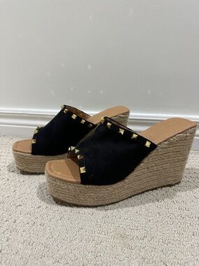 Olivia Miller Black Studded Espadrille Wedge Mules